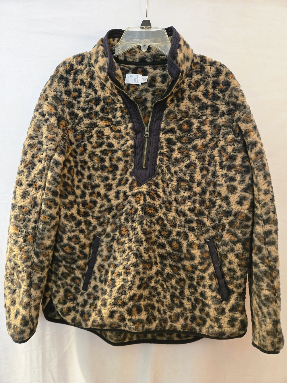 Time and Tru Leopard-Print Fleece Pullover — Brown & Black
